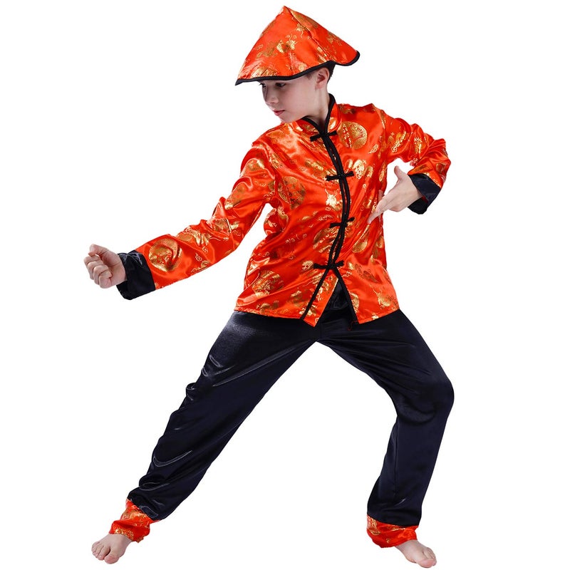 PGOND Boys Red Traditional Chinese Dragon Kung Fu Costume With Hat (L) - Image 4